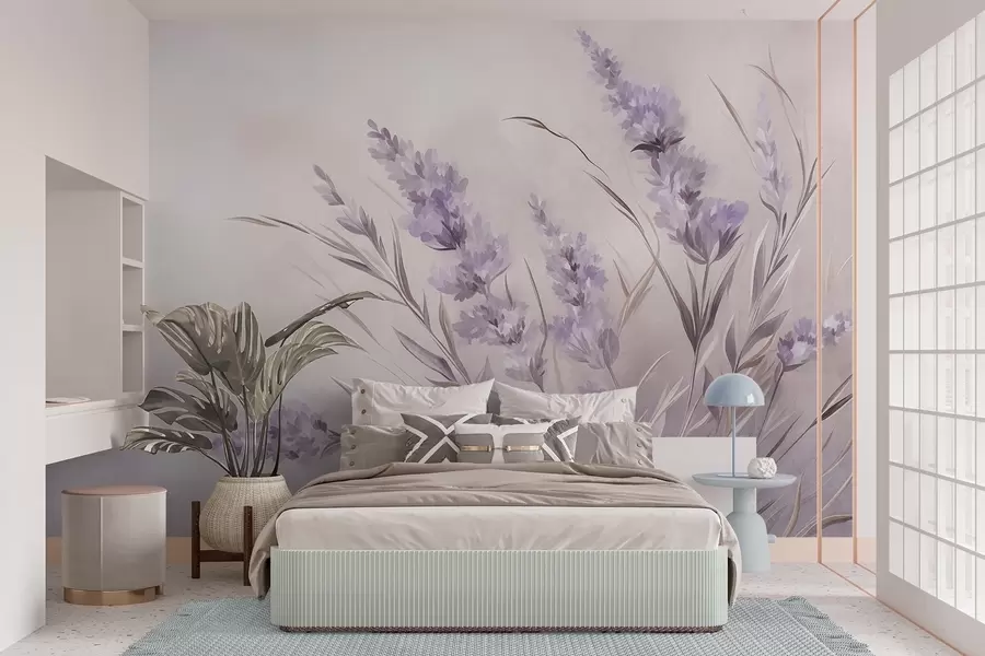 peintures murales Fleurs de lavande aux longues tiges et feuilles, œuvre d'art aux textures douces aux tons pastel w10018