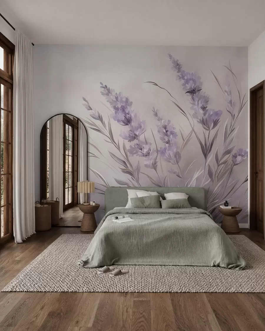 peintures murales Fleurs de lavande aux longues tiges et feuilles, œuvre d'art aux textures douces aux tons pastel w10018