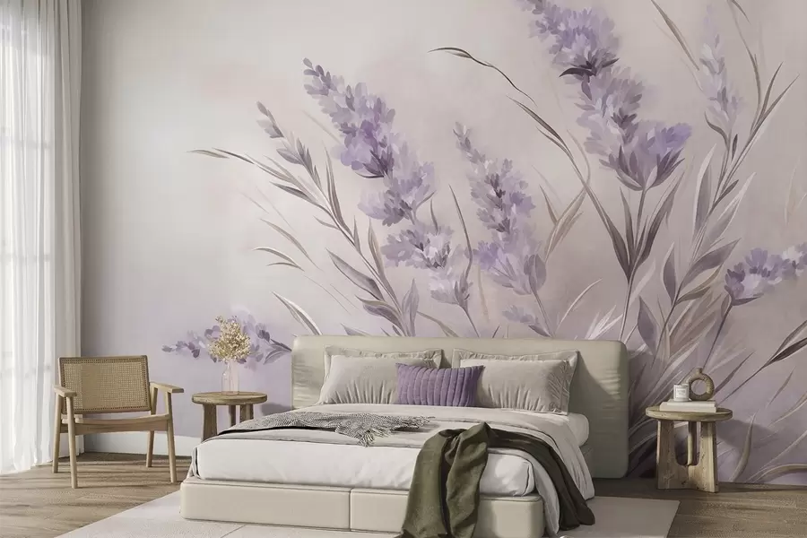 Wall Mural Photo Wallpaper Lavender flowers with long stems and leaves, soft pastel textured art w10018