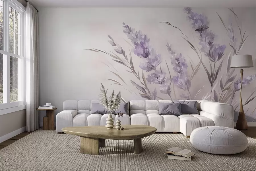 Wall Mural Photo Wallpaper Lavender flowers with long stems and leaves, soft pastel textured art w10018