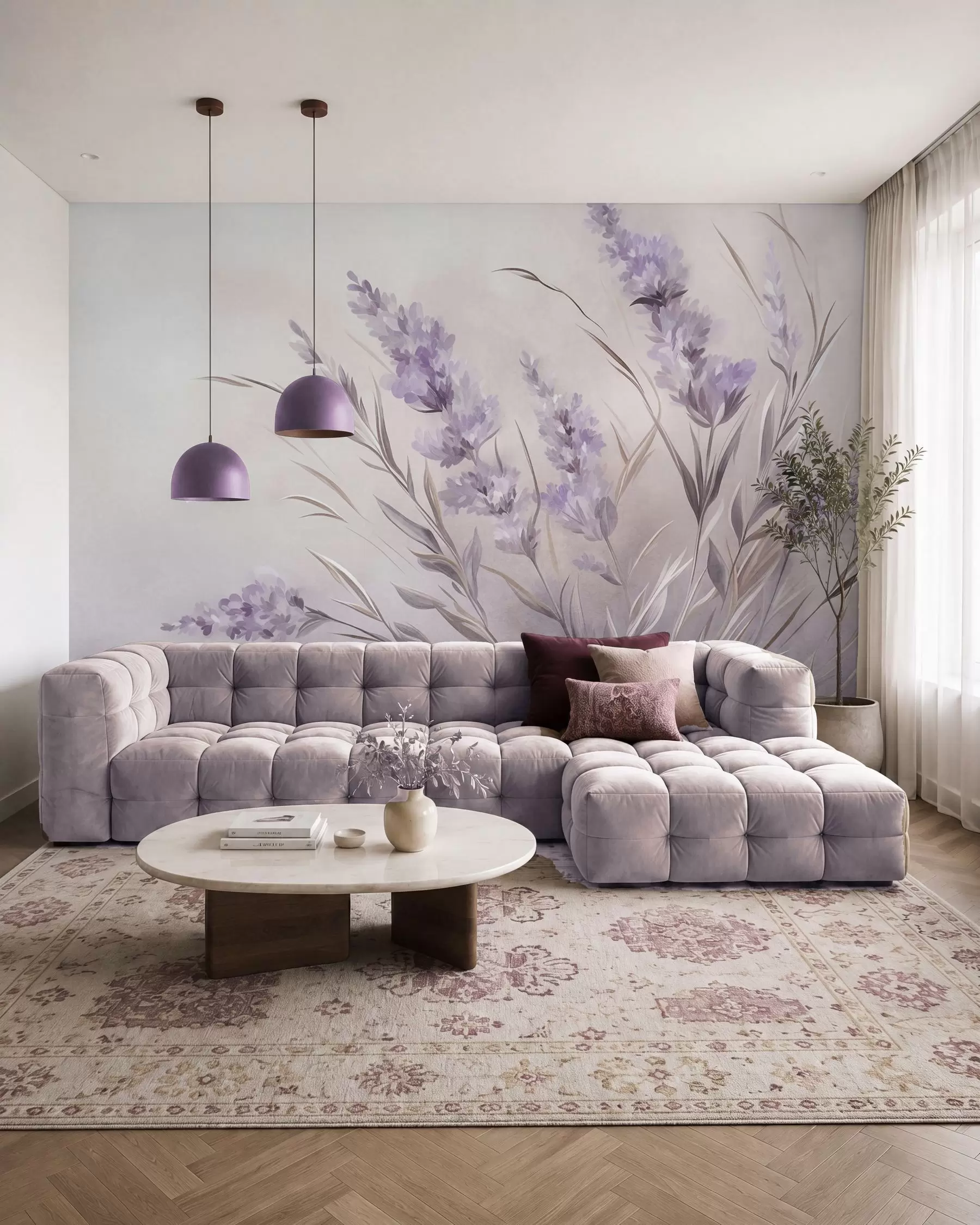 wall murals Lavender flowers with long stems and leaves, soft pastel textured art w10018