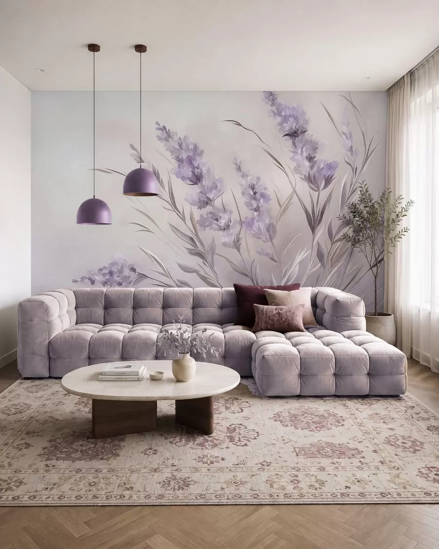 Wall Mural Photo Wallpaper Lavender flowers with long stems and leaves, soft pastel textured art w10018
