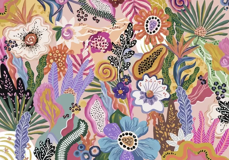 Wall Mural Photo Wallpaper Vibrant tropical motif with flowers, leaves and colorful fruits w05815