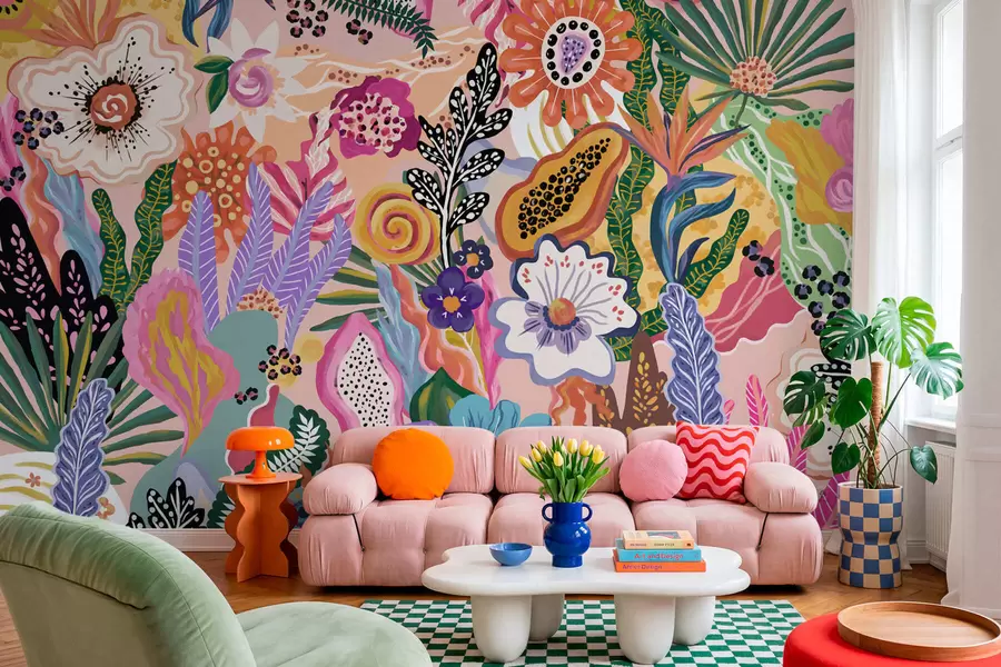 Wall Mural Photo Wallpaper Vibrant tropical motif with flowers, leaves and colorful fruits w05815
