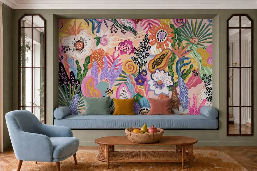 Wall Mural Photo Wallpaper Vibrant tropical motif with flowers, leaves and colorful fruits w05815
