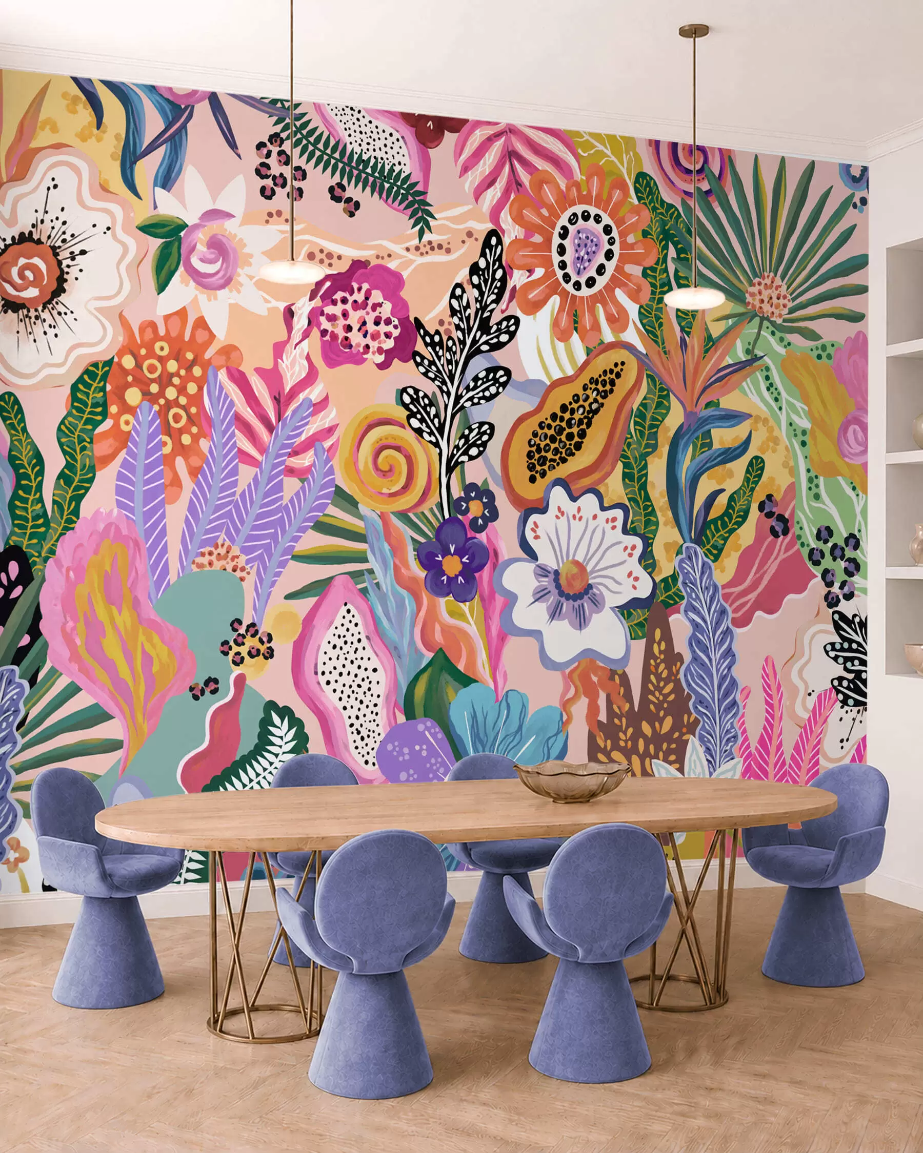 Wall Mural Photo Wallpaper Vibrant tropical motif with flowers, leaves and colorful fruits w05815