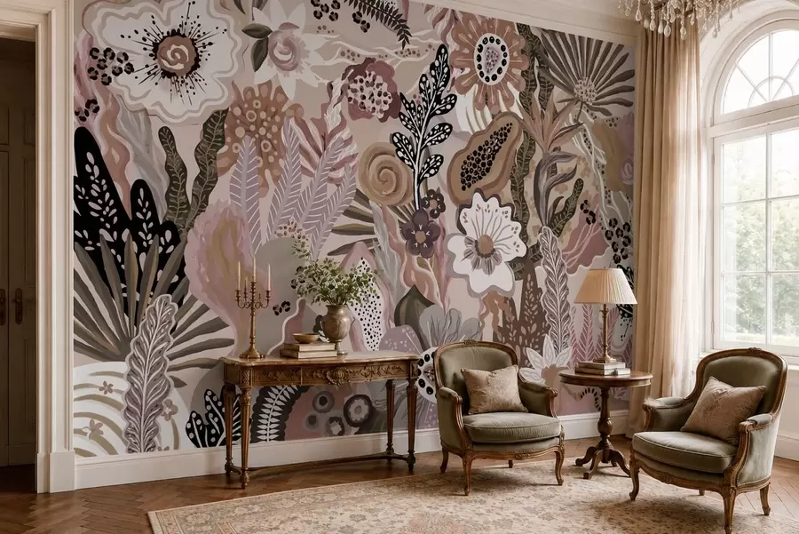Wall Mural Photo Wallpaper Powdery tropical motif with flowers, leaves and muted soft tones w05815v1