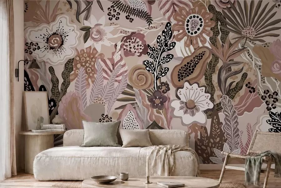Wall Mural Photo Wallpaper Powdery tropical motif with flowers, leaves and muted soft tones w05815v1