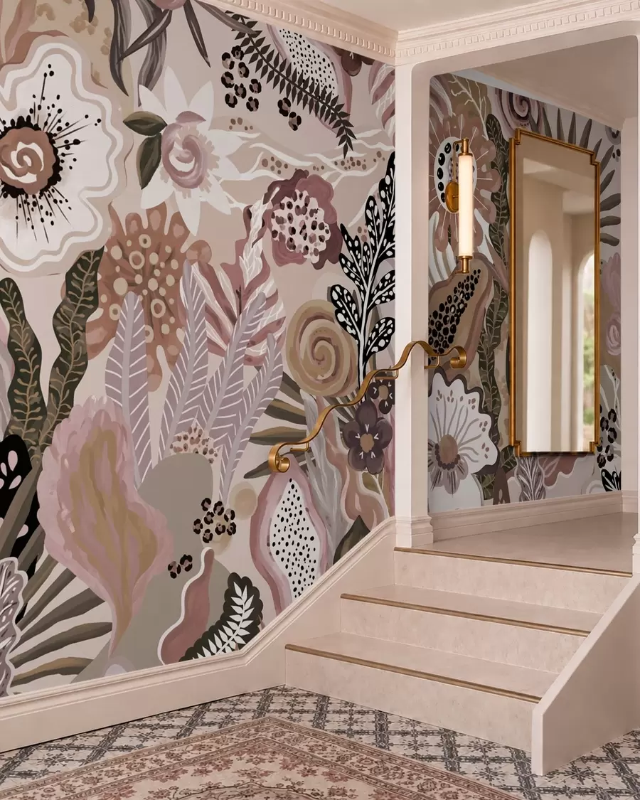 wall murals Powdery tropical motif with flowers, leaves and muted soft tones w05815v1