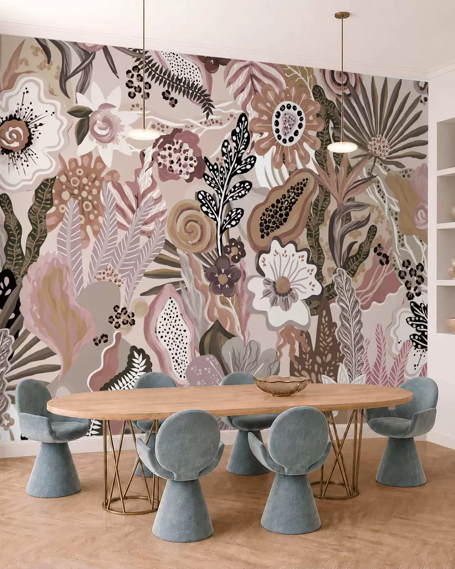 Wall Mural Photo Wallpaper Powdery tropical motif with flowers, leaves and muted soft tones w05815v1
