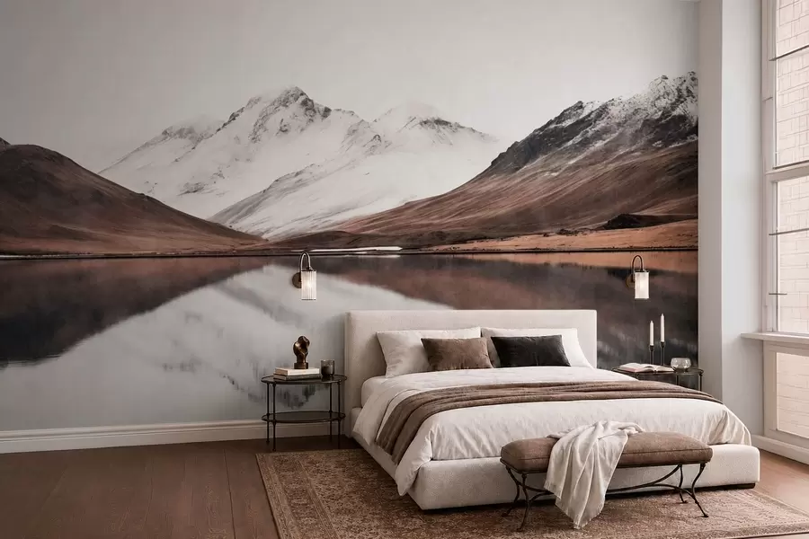 wall murals Snowy mountain peaks and a calm lake with a mirror-like reflection w05816