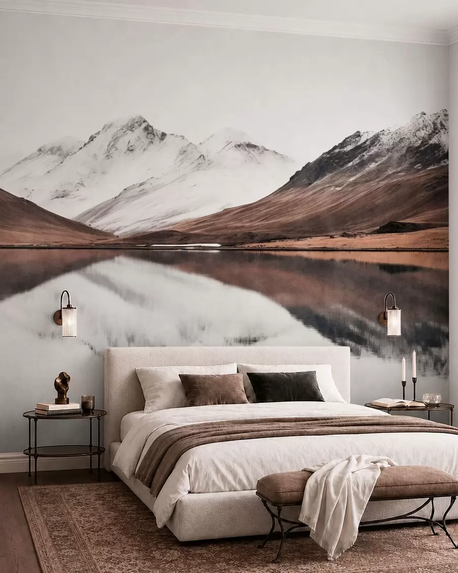 Wall Mural Photo Wallpaper Snowy mountain peaks and a calm lake with a mirror-like reflection w05816