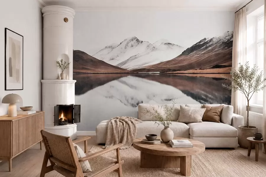 Wall Mural Photo Wallpaper Snowy mountain peaks and a calm lake with a mirror-like reflection w05816