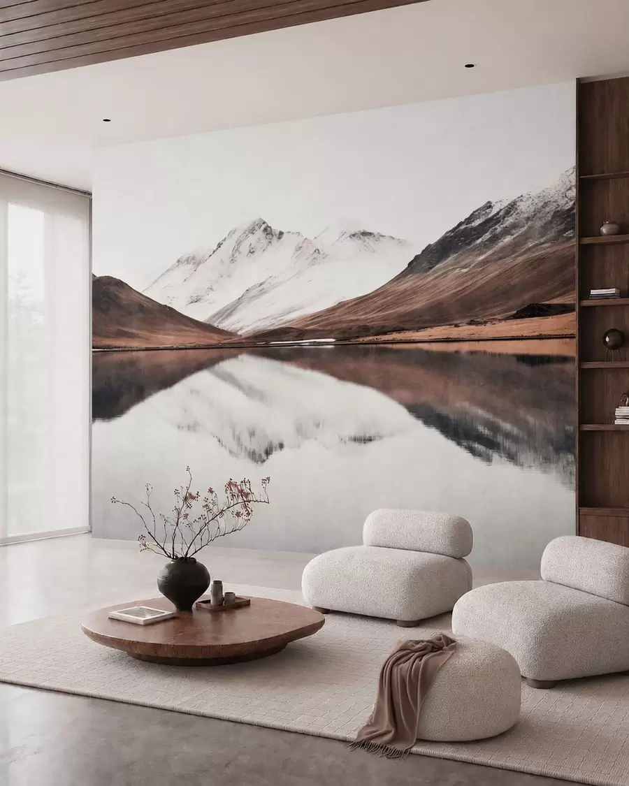 wall murals Snowy mountain peaks and a calm lake with a mirror-like reflection w05816