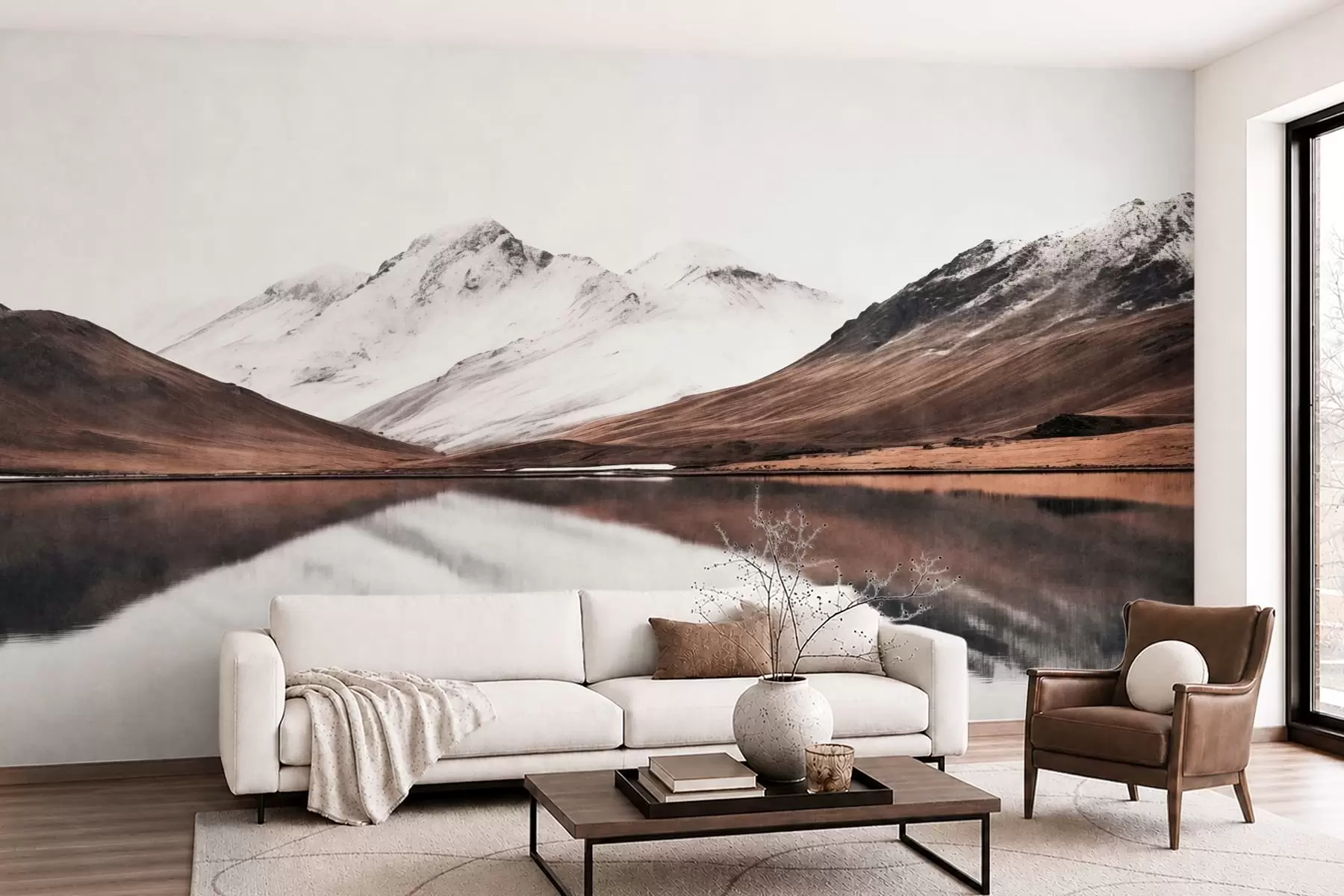 wall murals Snowy mountain peaks and a calm lake with a mirror-like reflection w05816