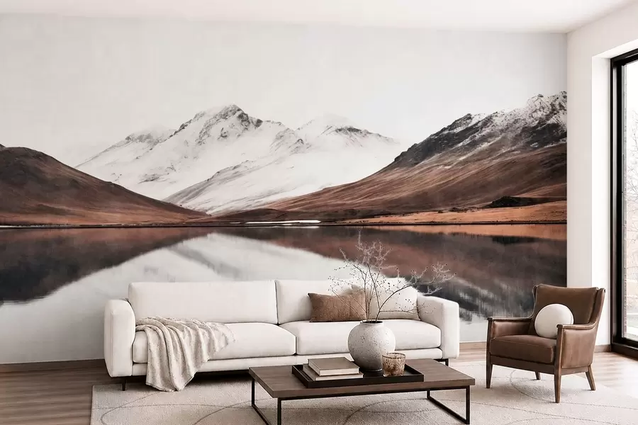 Wall Mural Photo Wallpaper Snowy mountain peaks and a calm lake with a mirror-like reflection w05816