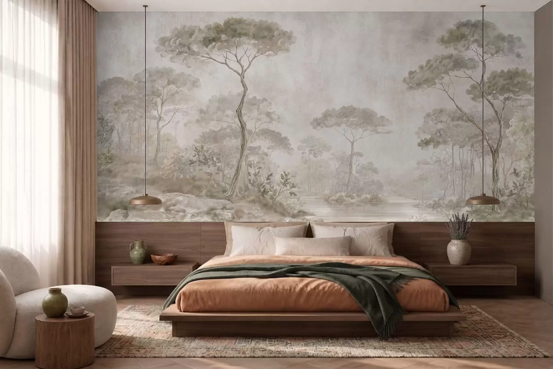 Wall Mural Photo Wallpaper Misty forest by calm water in soft natural pastel tones w05817