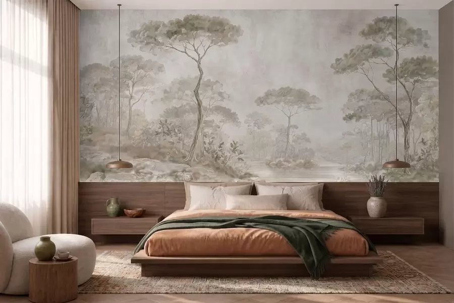 Wall Mural Photo Wallpaper Misty forest by calm water in soft natural pastel tones w05817