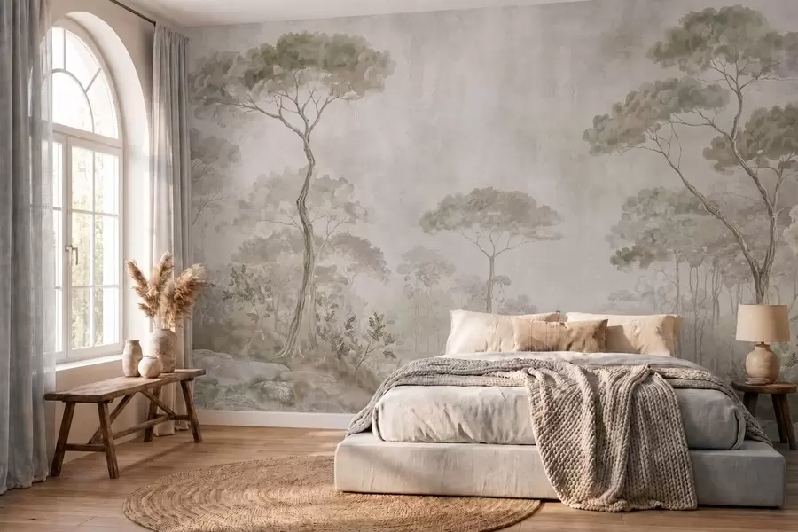 Wall Mural Photo Wallpaper Misty forest by calm water in soft natural pastel tones w05817