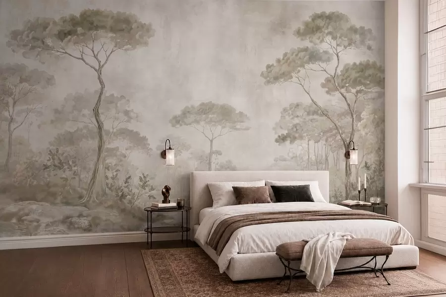 Wall Mural Photo Wallpaper Misty forest by calm water in soft natural pastel tones w05817
