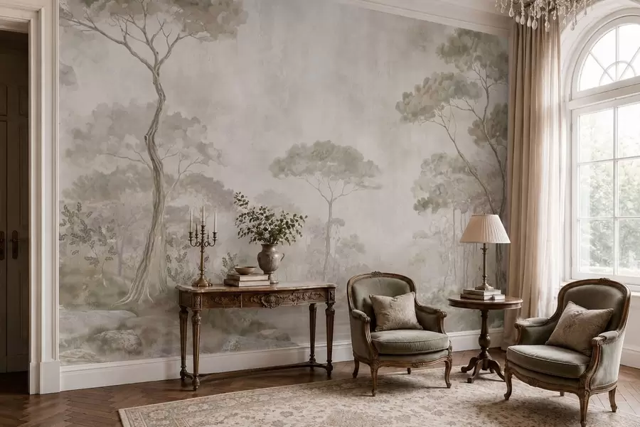 Wall Mural Photo Wallpaper Misty forest by calm water in soft natural pastel tones w05817
