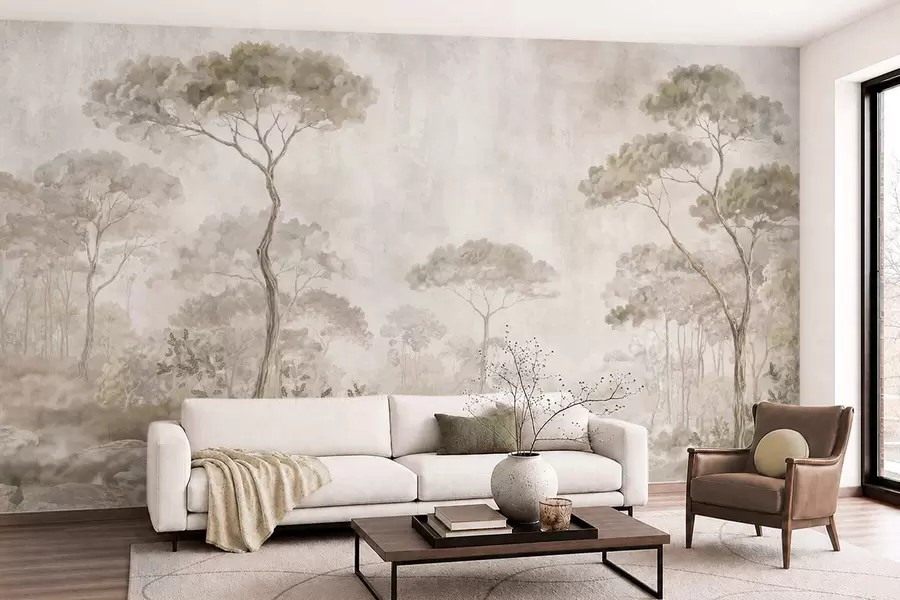 murales Un bosque brumoso junto a unas aguas tranquilas, en suaves tonos pastel naturales w05817