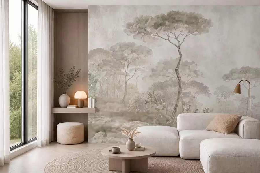 Wall Mural Photo Wallpaper Misty forest by calm water in soft natural pastel tones w05817
