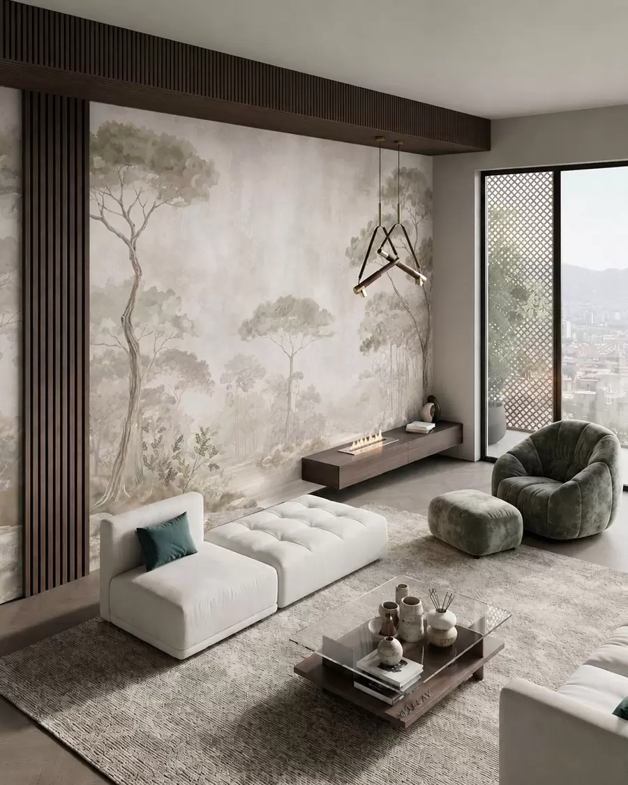 Wall Mural Photo Wallpaper Misty forest by calm water in soft natural pastel tones w05817