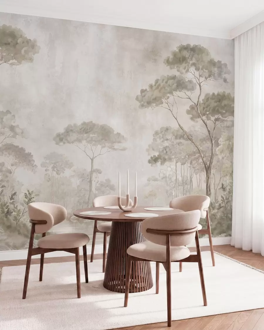 Wall Mural Photo Wallpaper Misty forest by calm water in soft natural pastel tones w05817