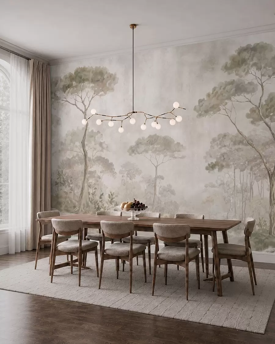 Wall Mural Photo Wallpaper Misty forest by calm water in soft natural pastel tones w05817