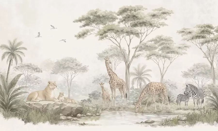 wall murals Safari with giraffes, lions, zebras and tropical trees w05804
