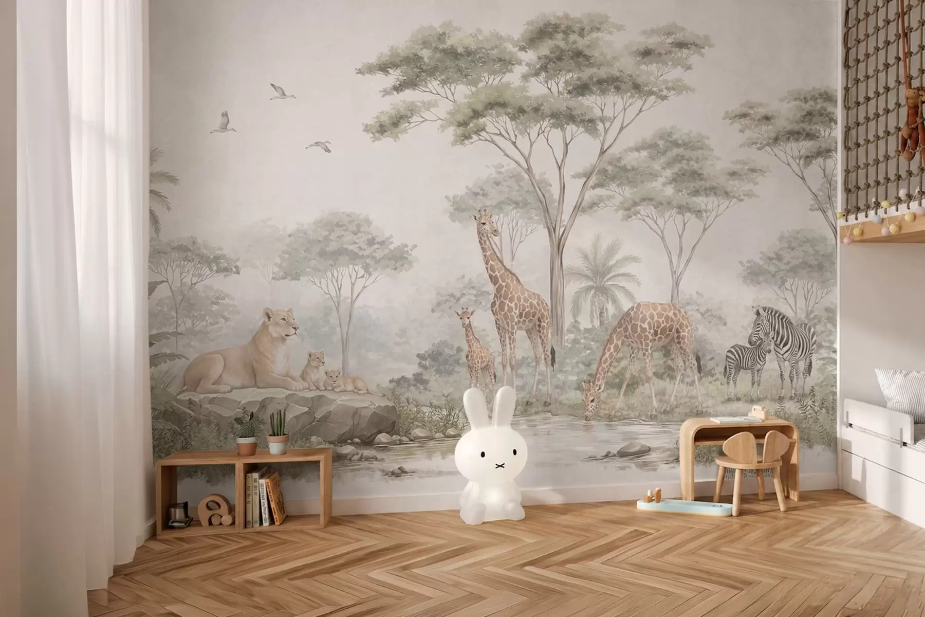 Wall Mural Photo Wallpaper Safari with giraffes, lions, zebras and tropical trees w05804