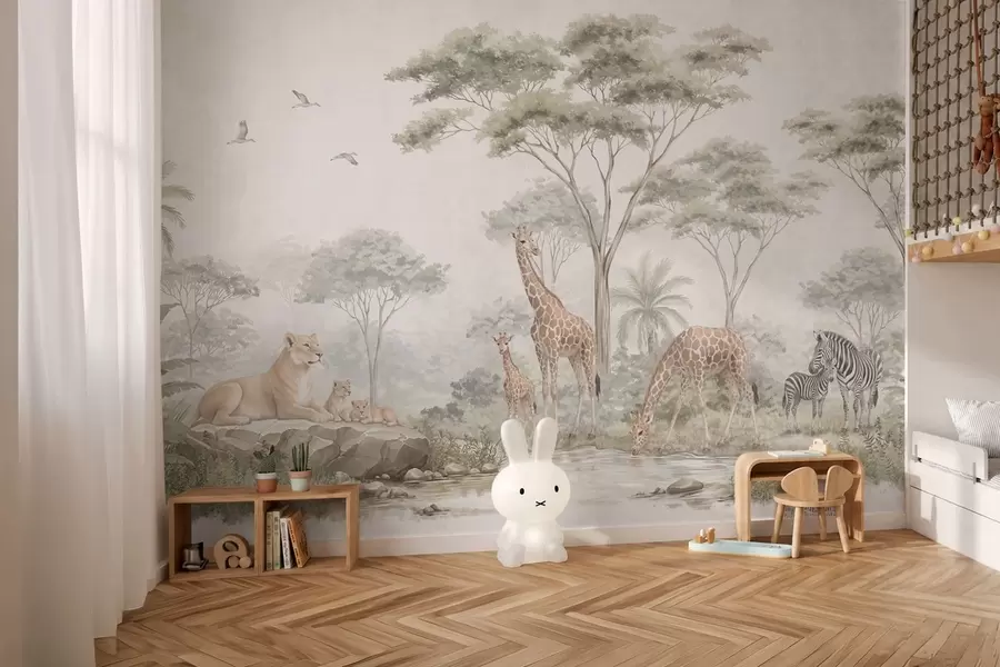 peintures murales Safari avec des girafes, des lions, des zèbres et des arbres tropicaux w05804