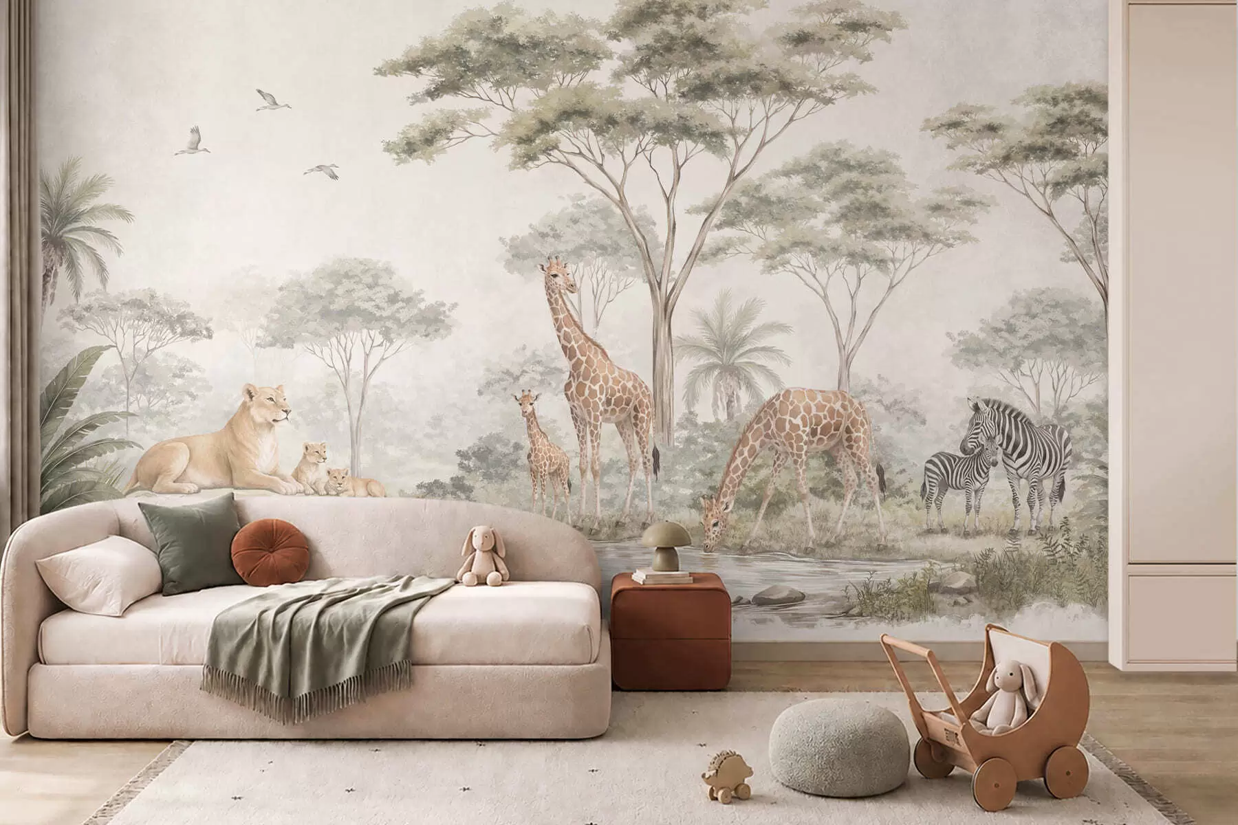 murales Safari con jirafas, leones, cebras y árboles tropicales w05804