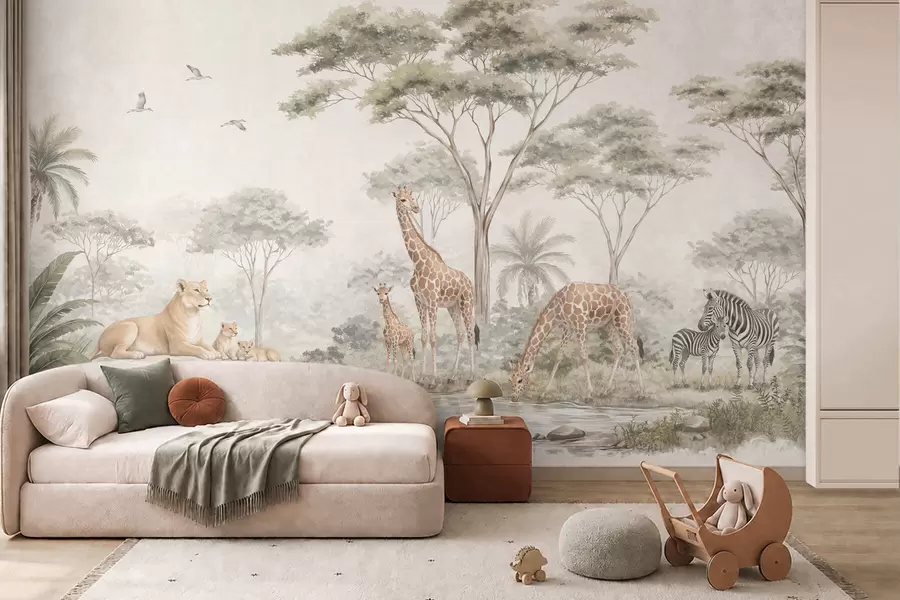 murales Safari con jirafas, leones, cebras y árboles tropicales w05804