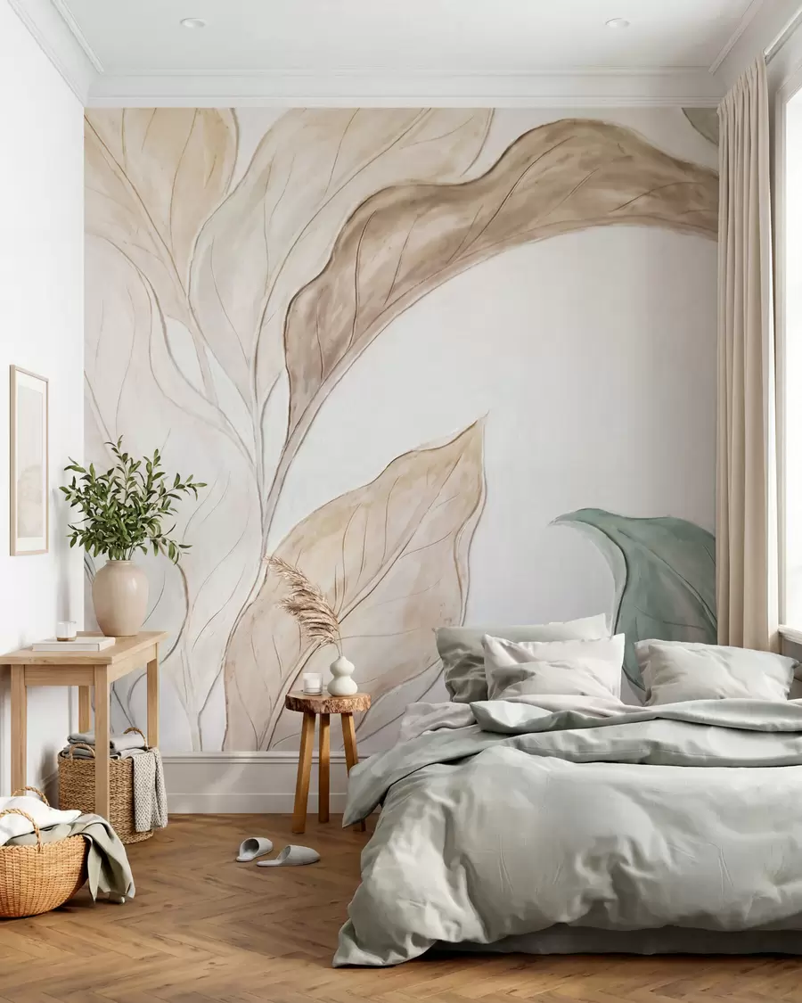 murales Imitación de hojas delicadas de color beige verdoso, moldeadas en relieve w09991