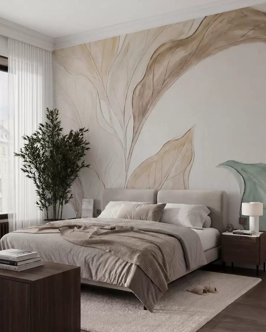 Wall Mural Photo Wallpaper Imitation of relief molded, delicate beige-green leaves w09991