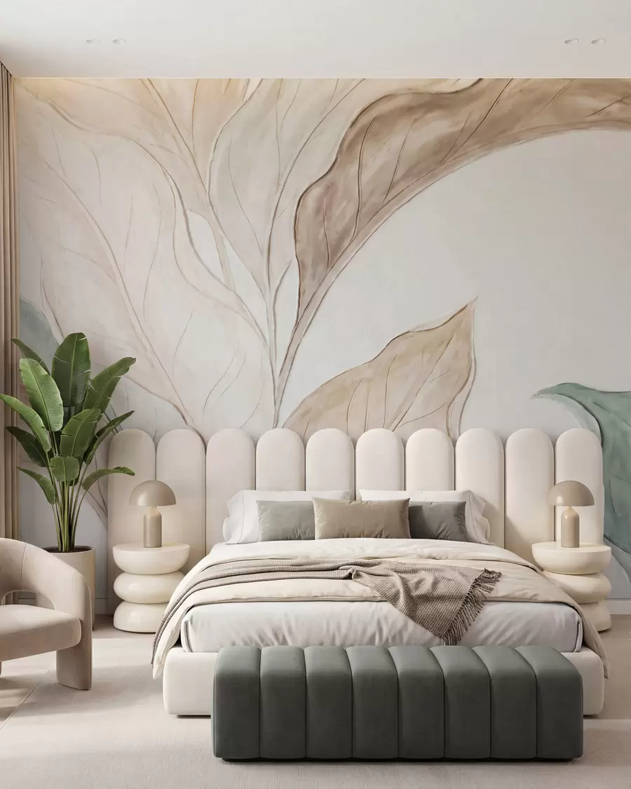 murales Imitación de hojas delicadas de color beige verdoso, moldeadas en relieve w09991