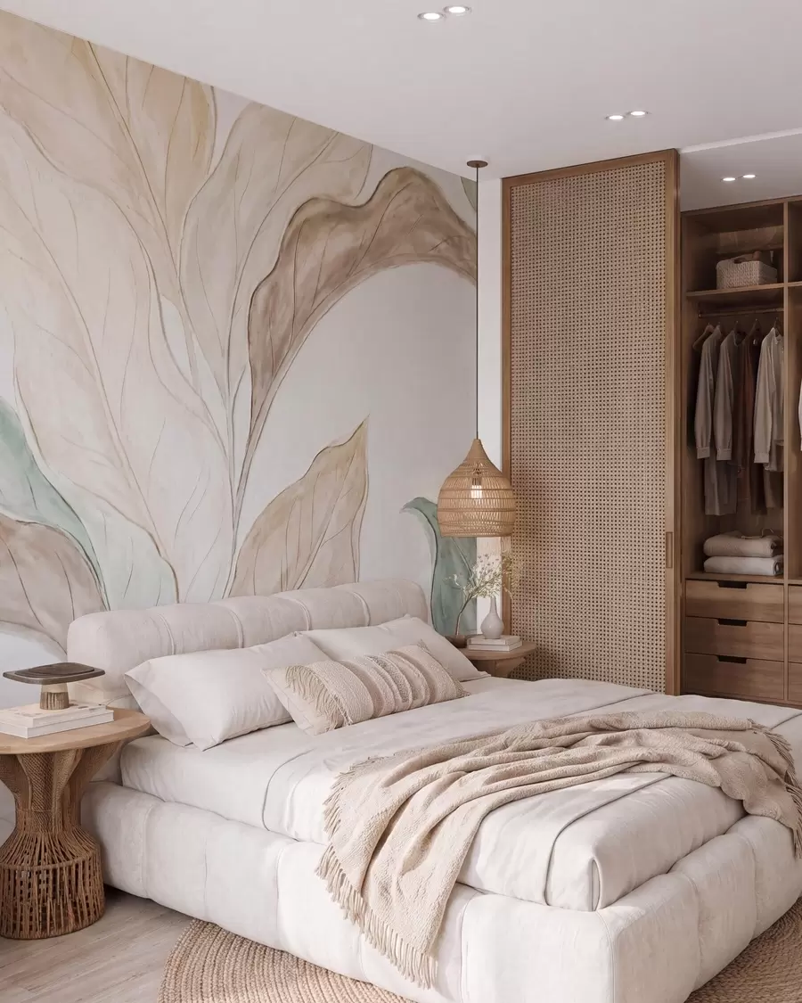 Wall Mural Photo Wallpaper Imitation of relief molded, delicate beige-green leaves w09991
