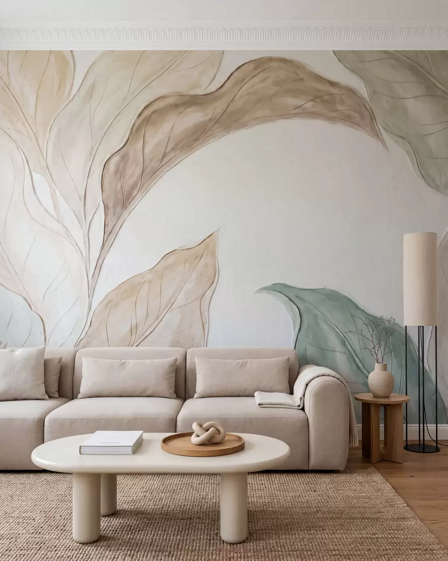 Wall Mural Photo Wallpaper Imitation of relief molded, delicate beige-green leaves w09991