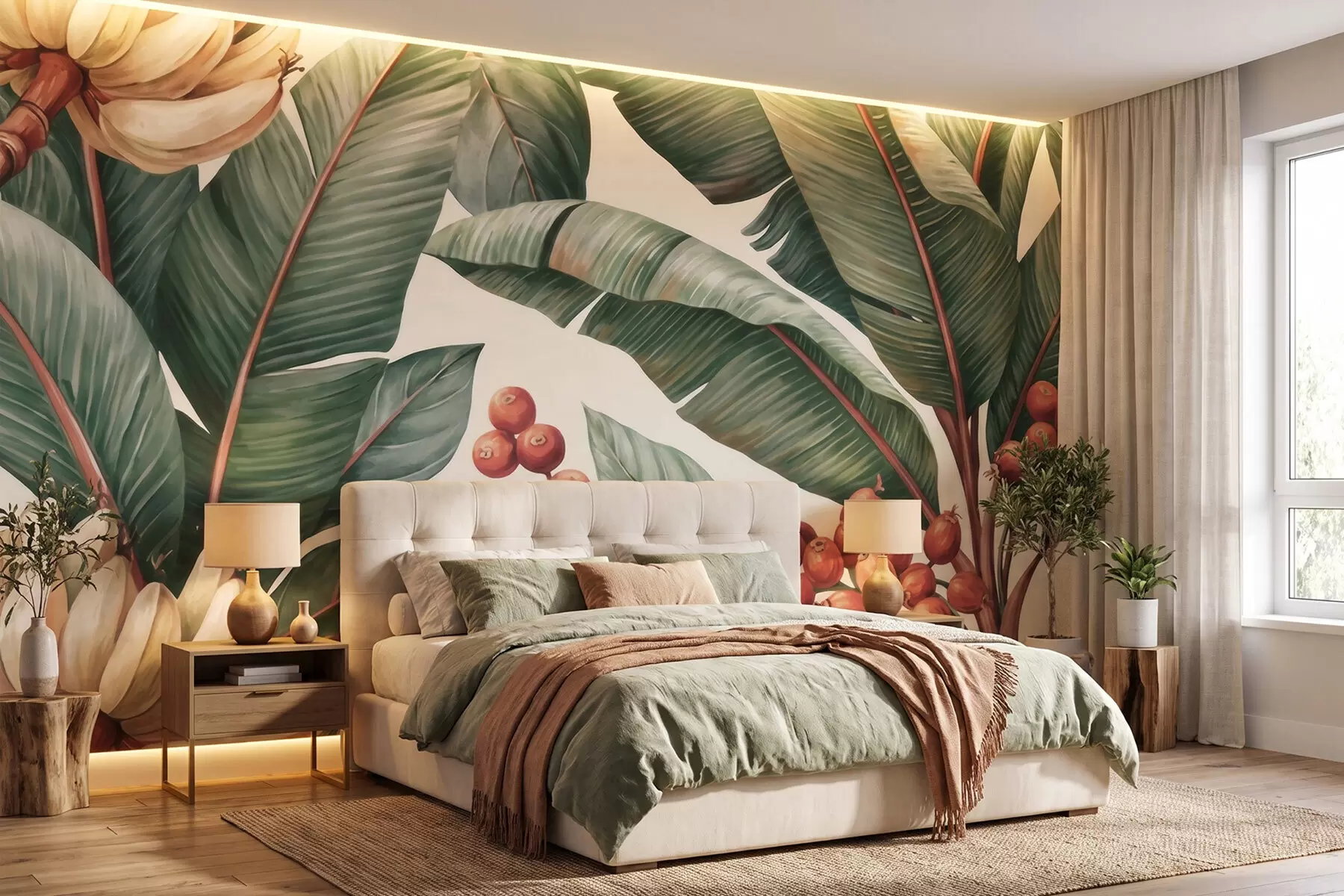 peintures murales Feuilles de bananier tropicales ornées de grappes de baies de café rouges, style aquarelle w09997