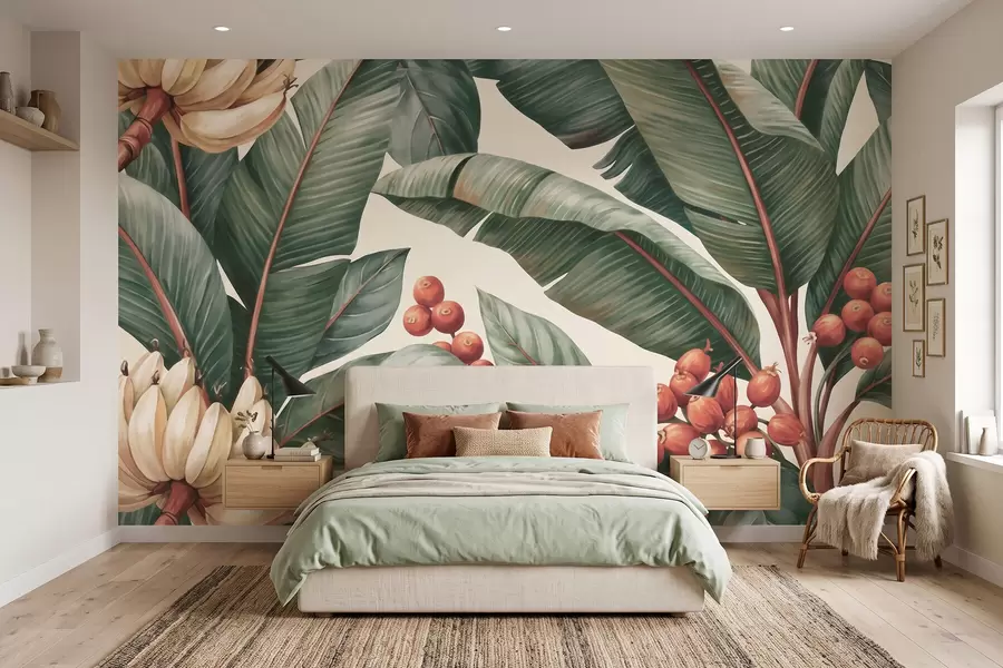 peintures murales Feuilles de bananier tropicales ornées de grappes de baies de café rouges, style aquarelle w09997