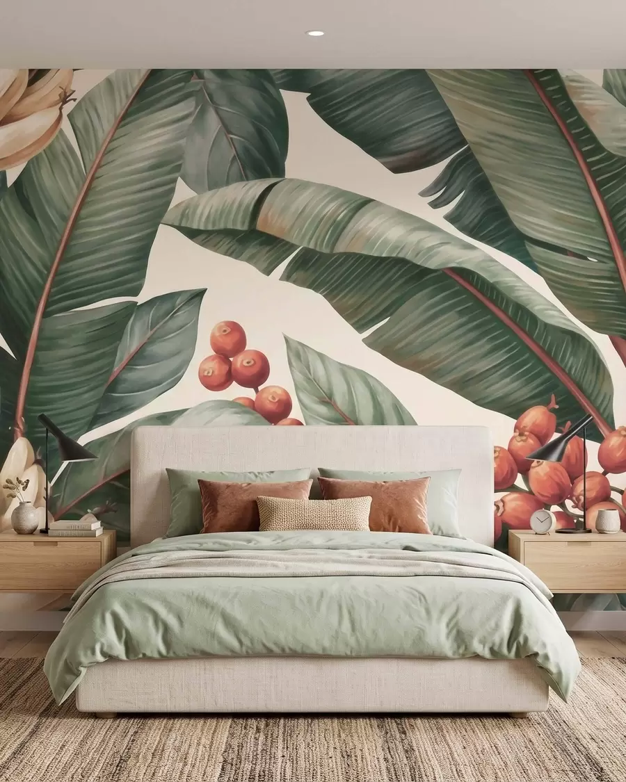 Wall Mural Photo Wallpaper Tropical banana leaves with clusters of red coffee berries, watercolor style w09997