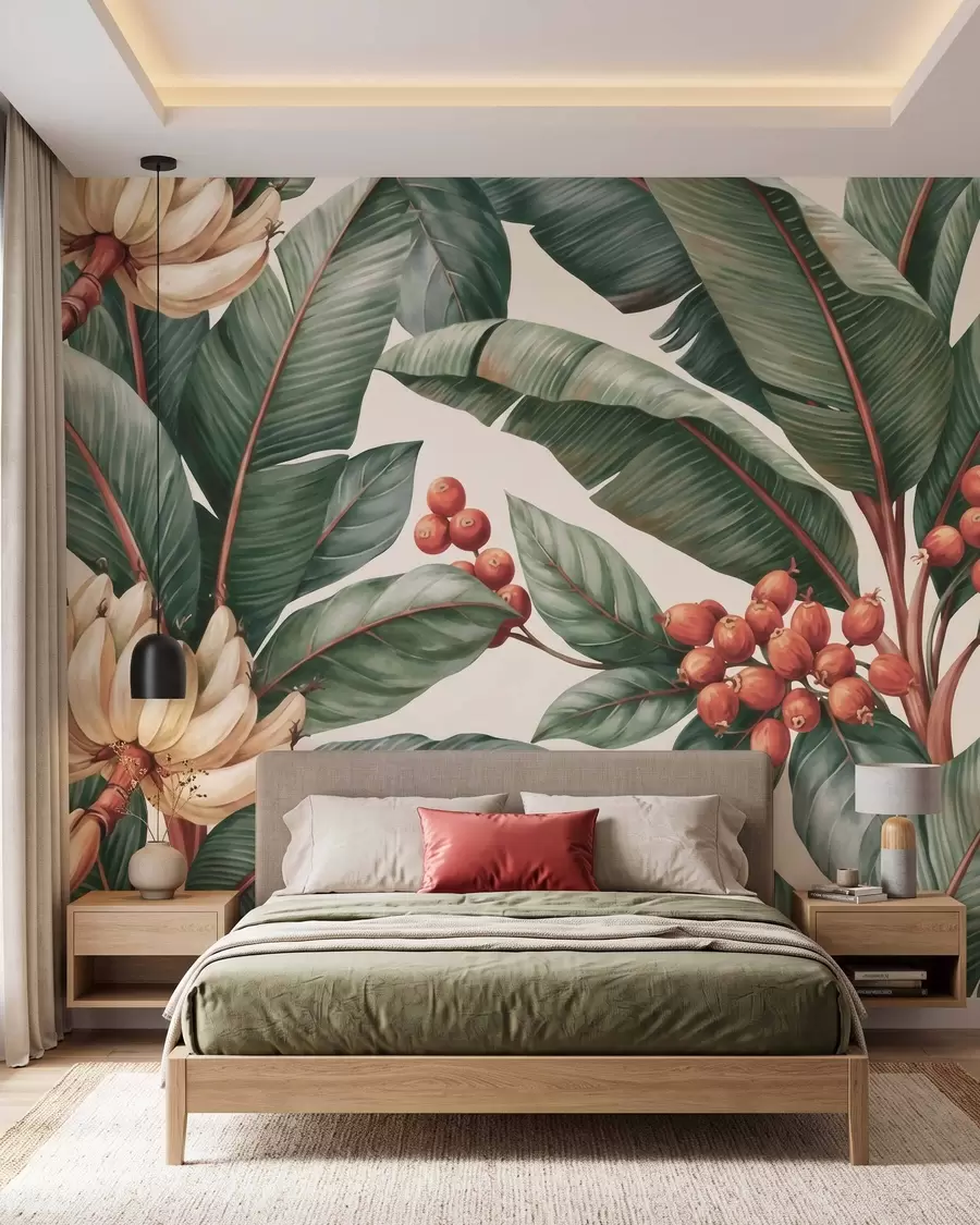 Wall Mural Photo Wallpaper Tropical banana leaves with clusters of red coffee berries, watercolor style w09997