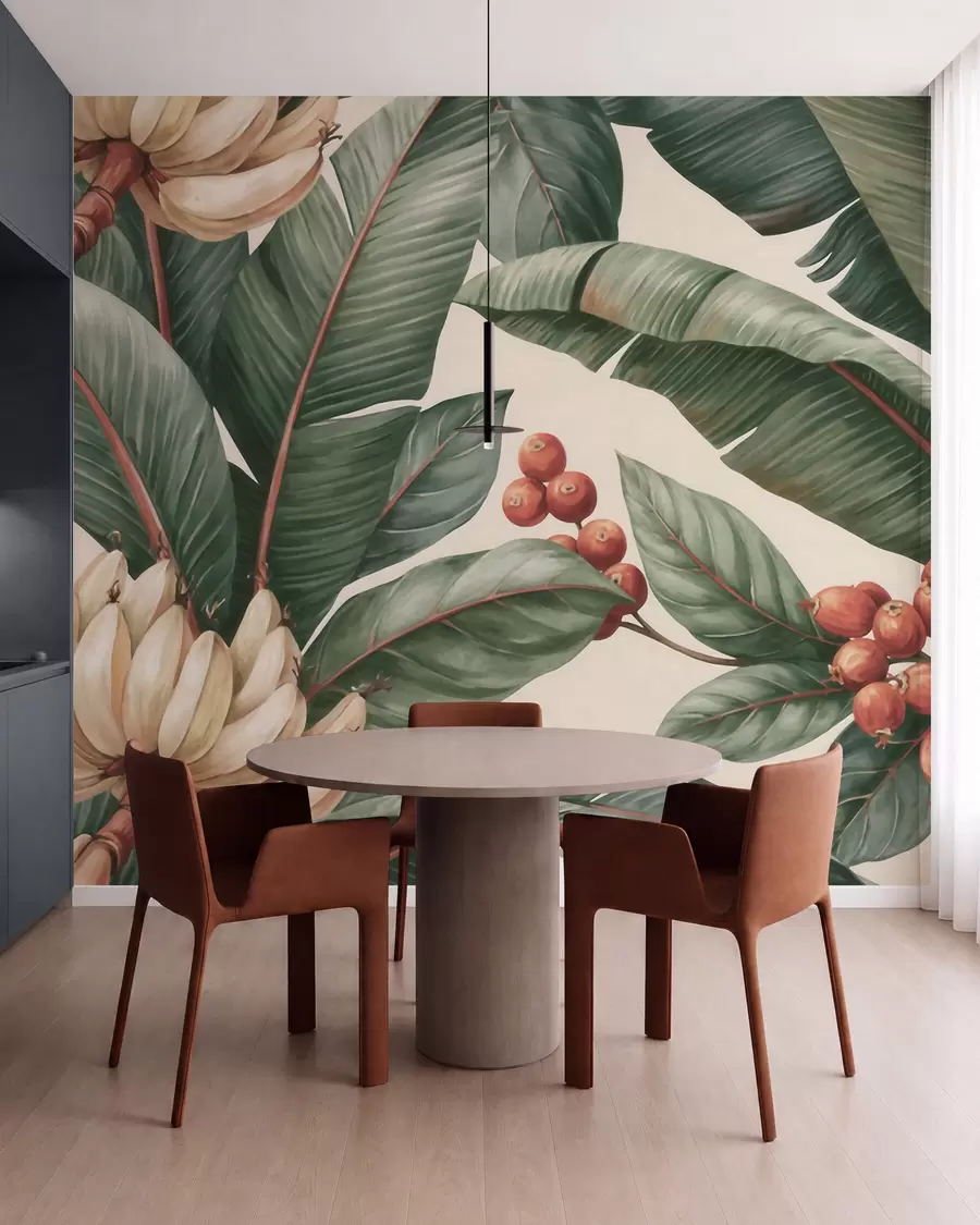 Wall Mural Photo Wallpaper Tropical banana leaves with clusters of red coffee berries, watercolor style w09997