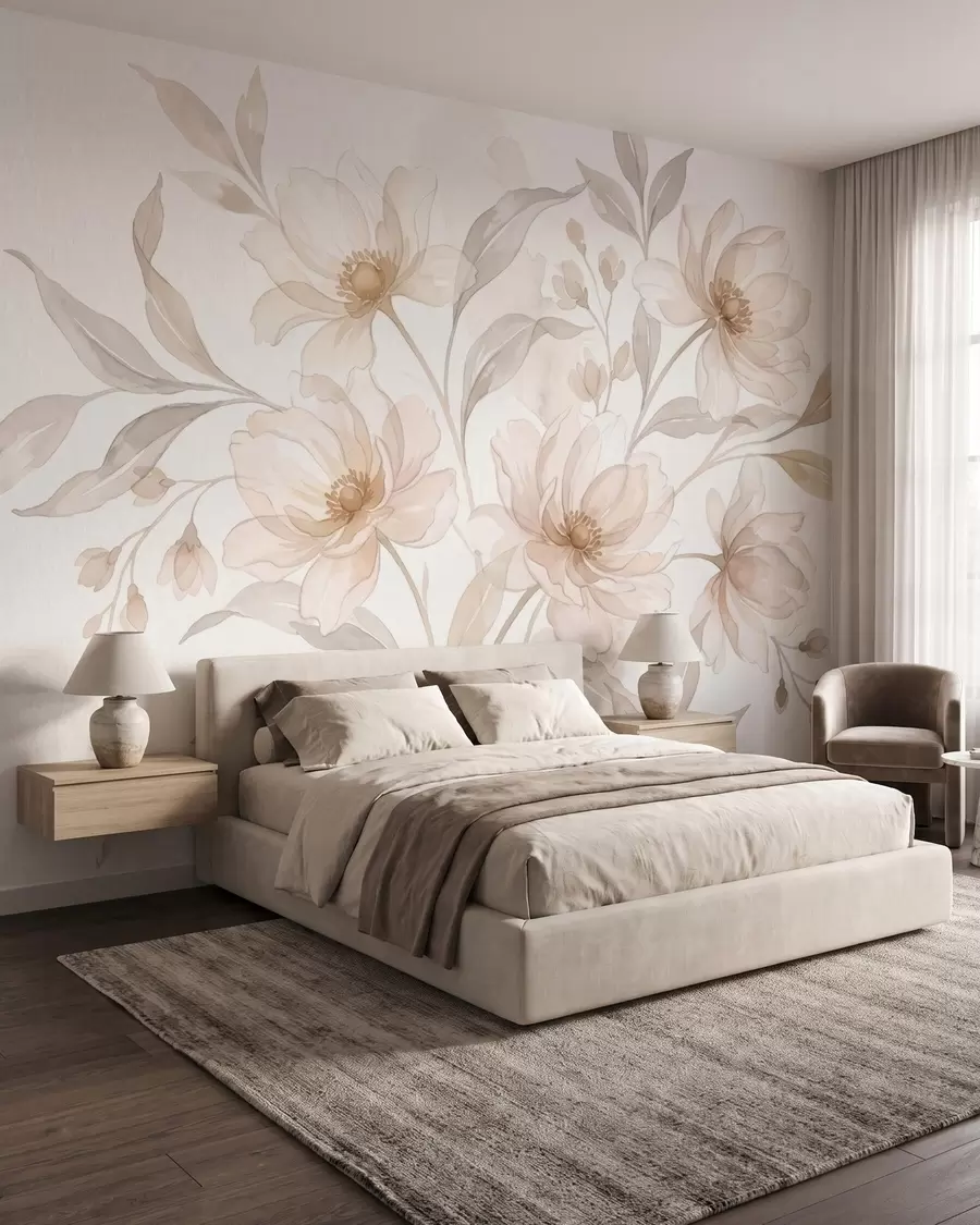 wall murals Airy peonies in soft powder-beige tones w10002