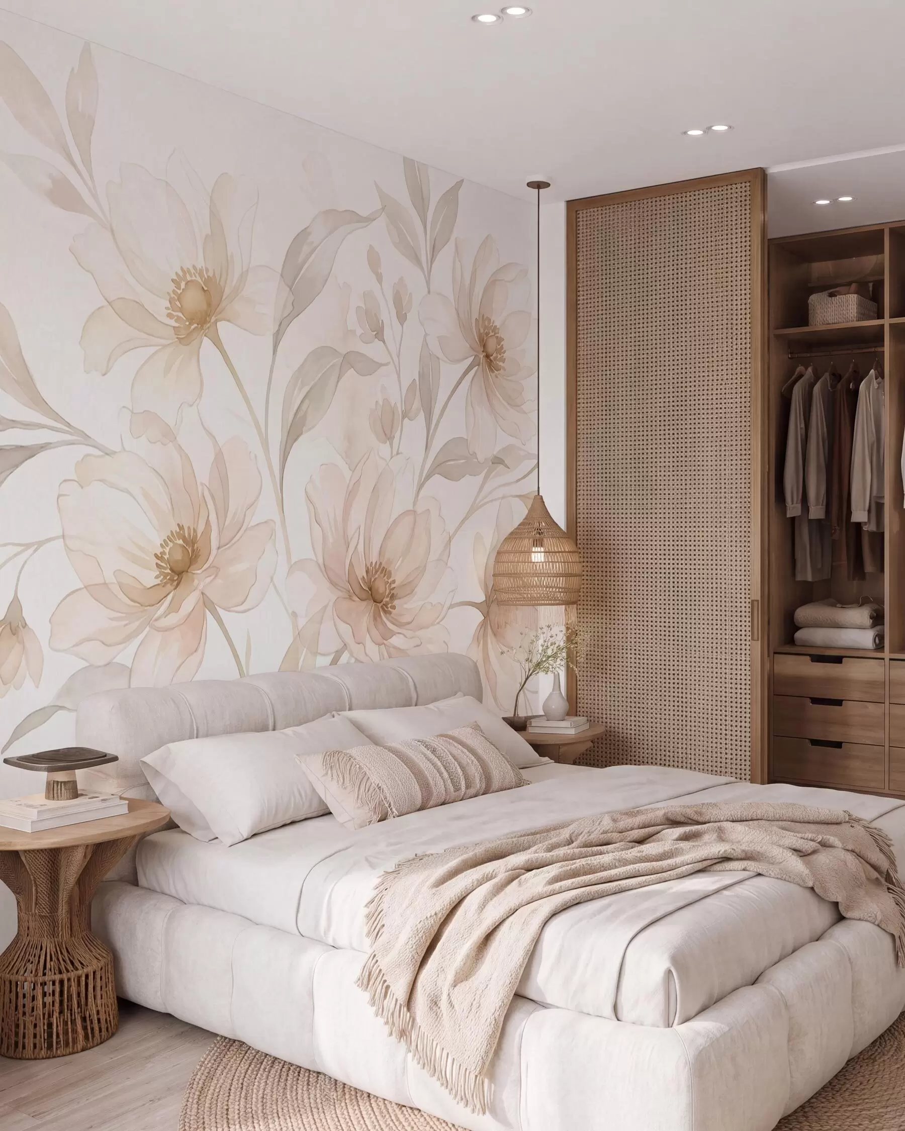 murales Peonías etéreas en suaves tonos beige empolvado w10002