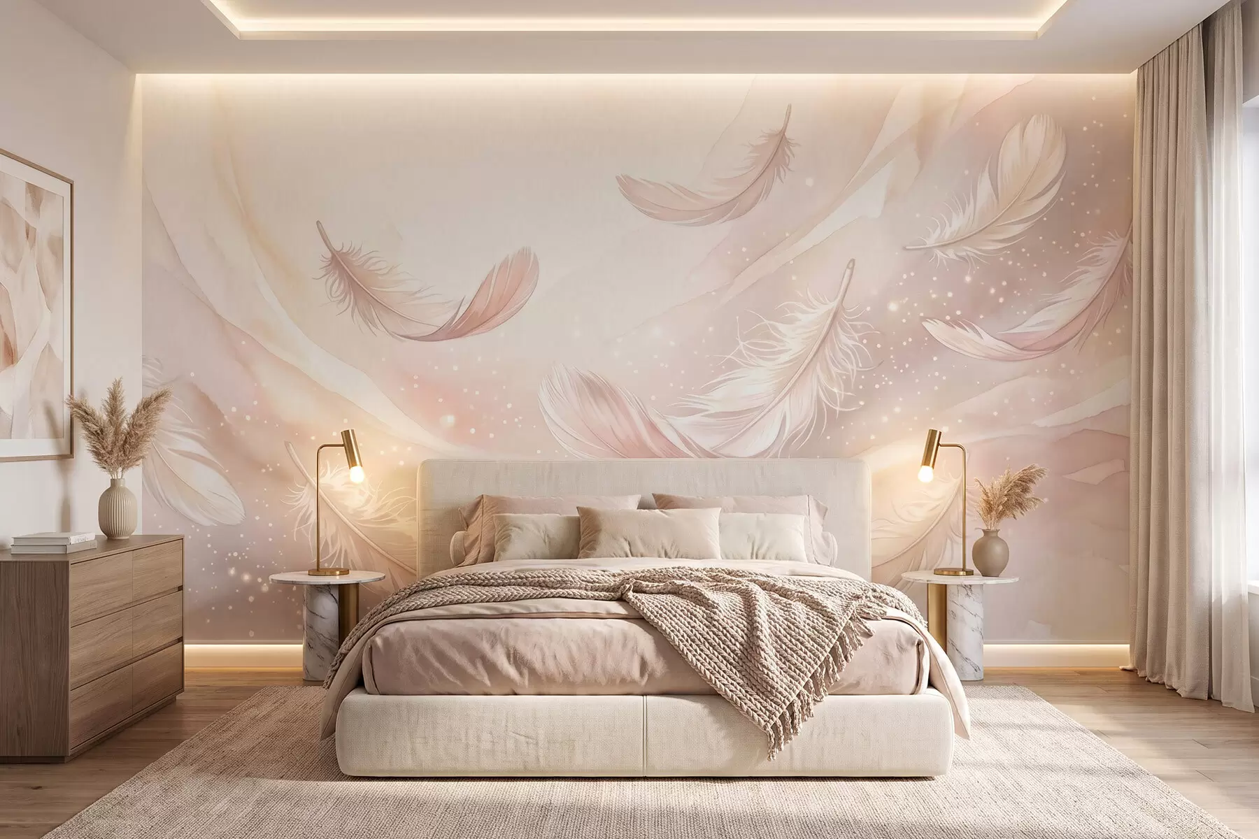 Wall Mural Photo Wallpaper Delicate airy feathers in a peach-pink haze with shimmer w10003