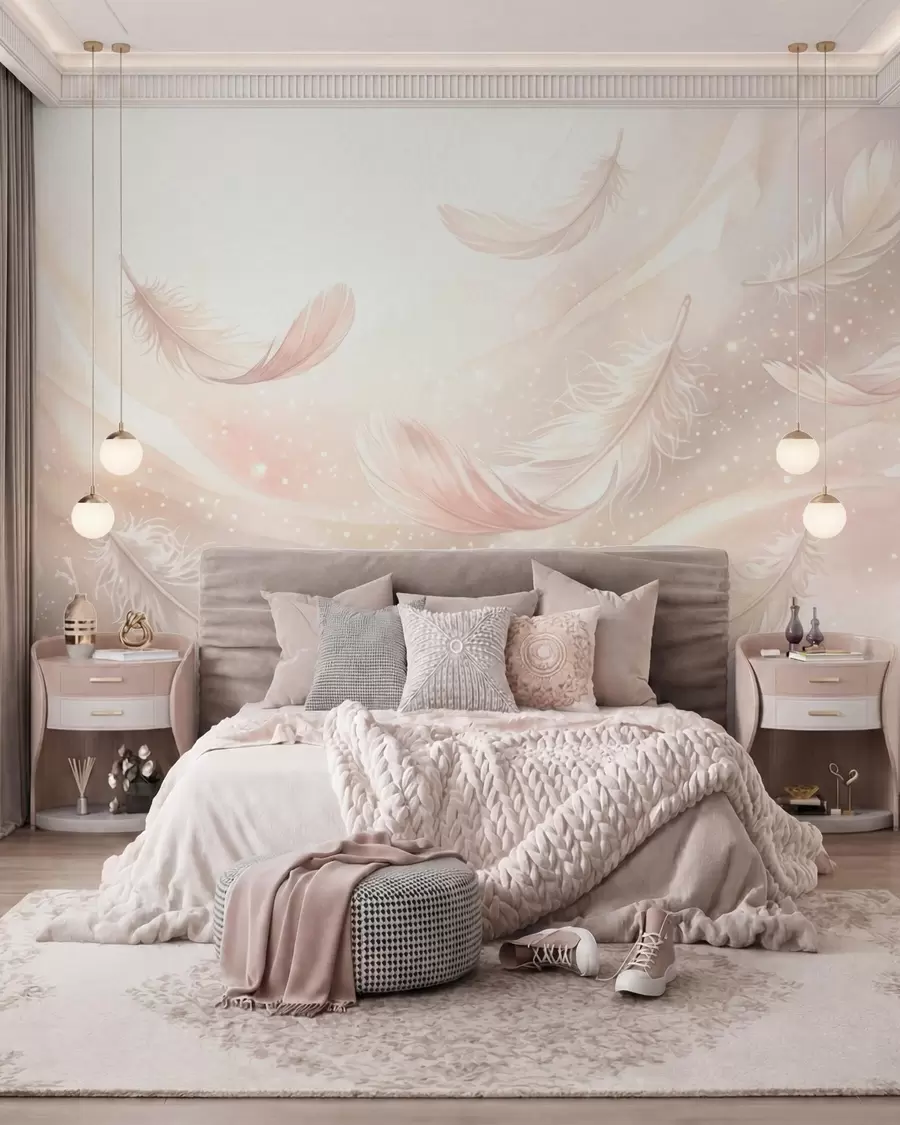 Wall Mural Photo Wallpaper Delicate airy feathers in a peach-pink haze with shimmer w10003