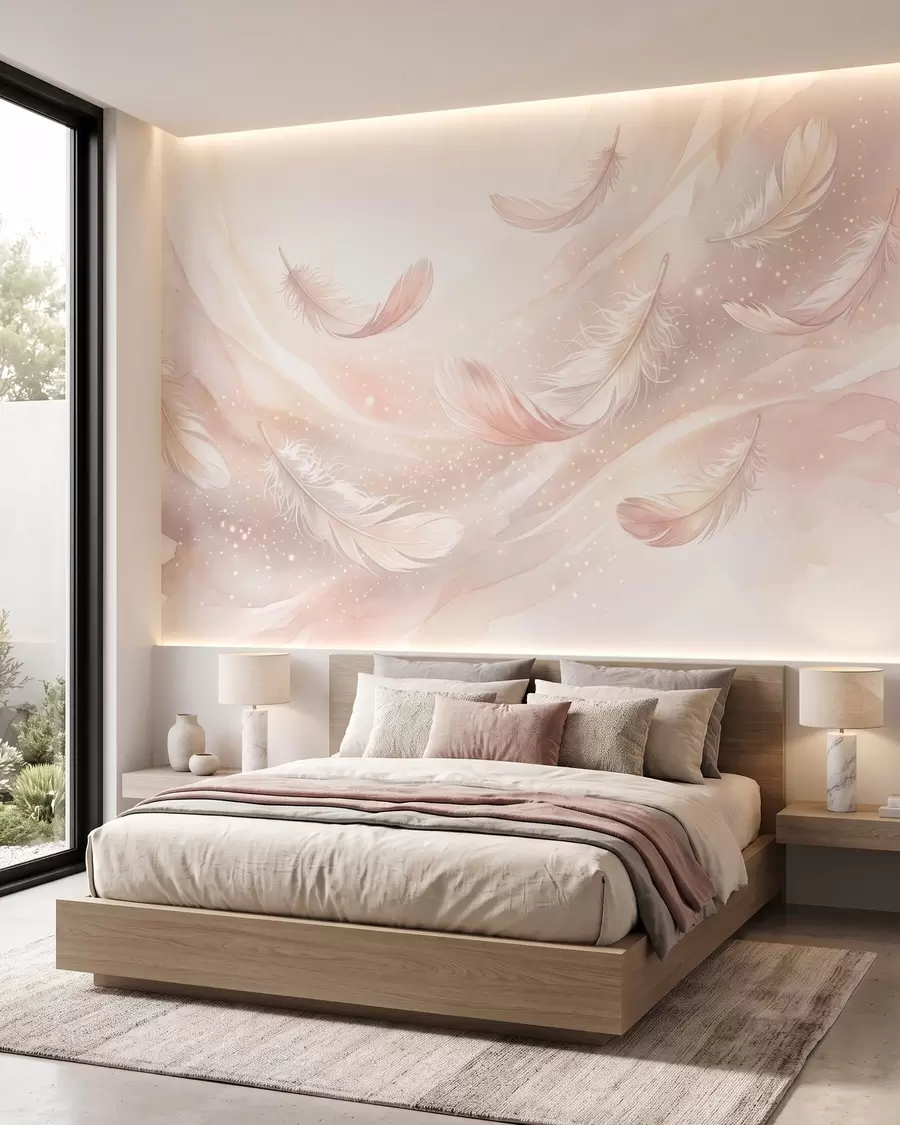 murales Plumas delicadas y etéreas en una neblina de color rosa melocotón con destellos w10003